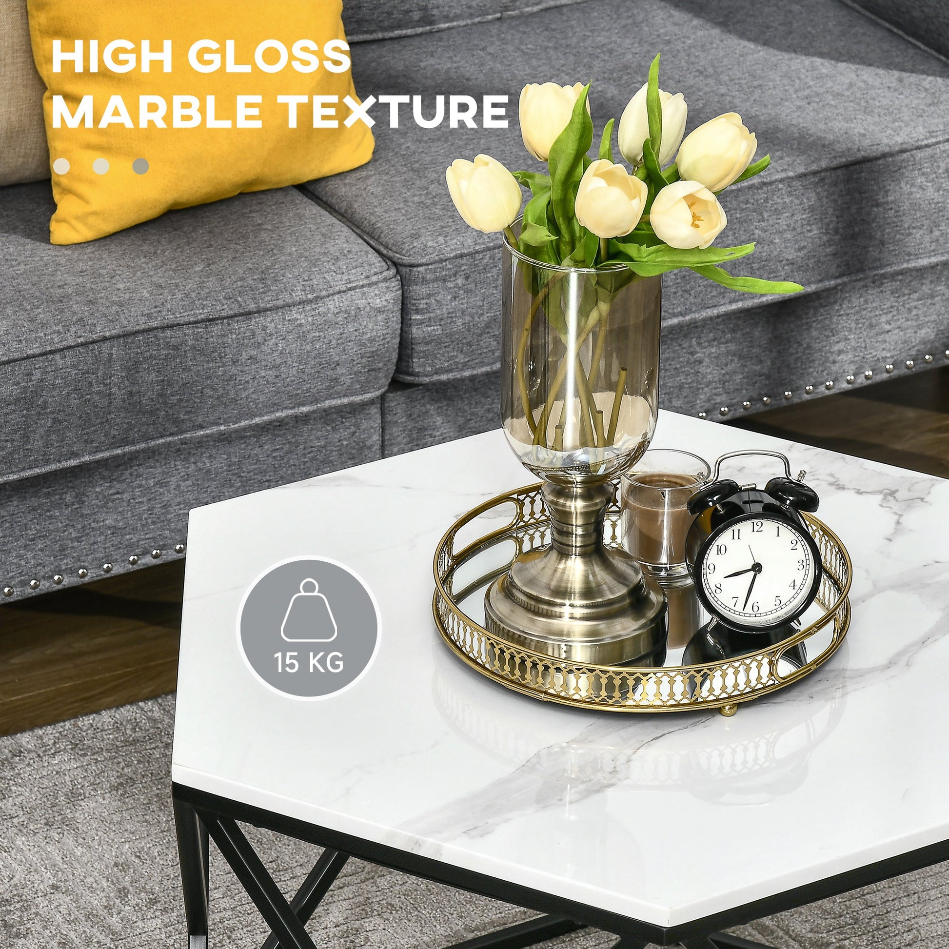 Coffee Table with High Gloss Marble Tabletop, Modern Cocktail Table with Steel Frame for Living Room, White-4