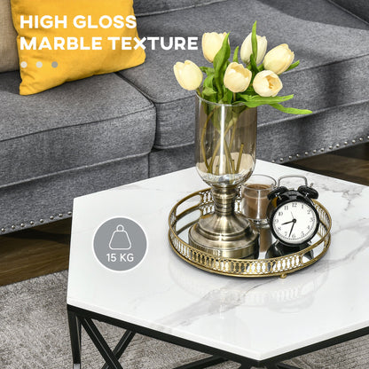 Coffee Table with High Gloss Marble Tabletop, Modern Cocktail Table with Steel Frame for Living Room, White-4