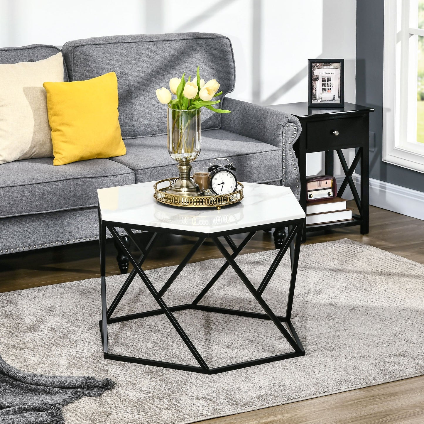 Coffee Table with High Gloss Marble Tabletop, Modern Cocktail Table with Steel Frame for Living Room, White-1