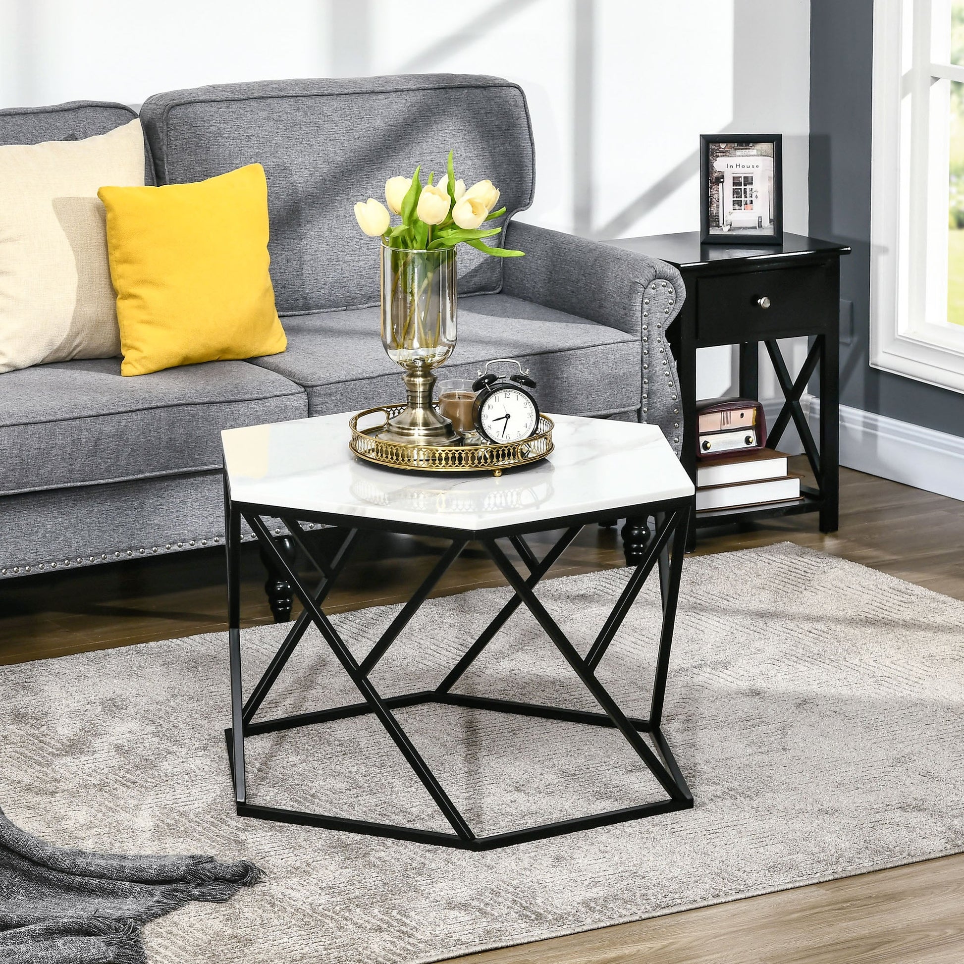 Coffee Table with High Gloss Marble Tabletop, Modern Cocktail Table with Steel Frame for Living Room, White-1