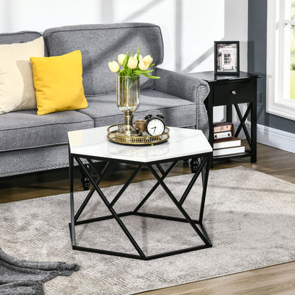 Coffee Table with High Gloss Marble Tabletop, Modern Cocktail Table with Steel Frame for Living Room, White-1