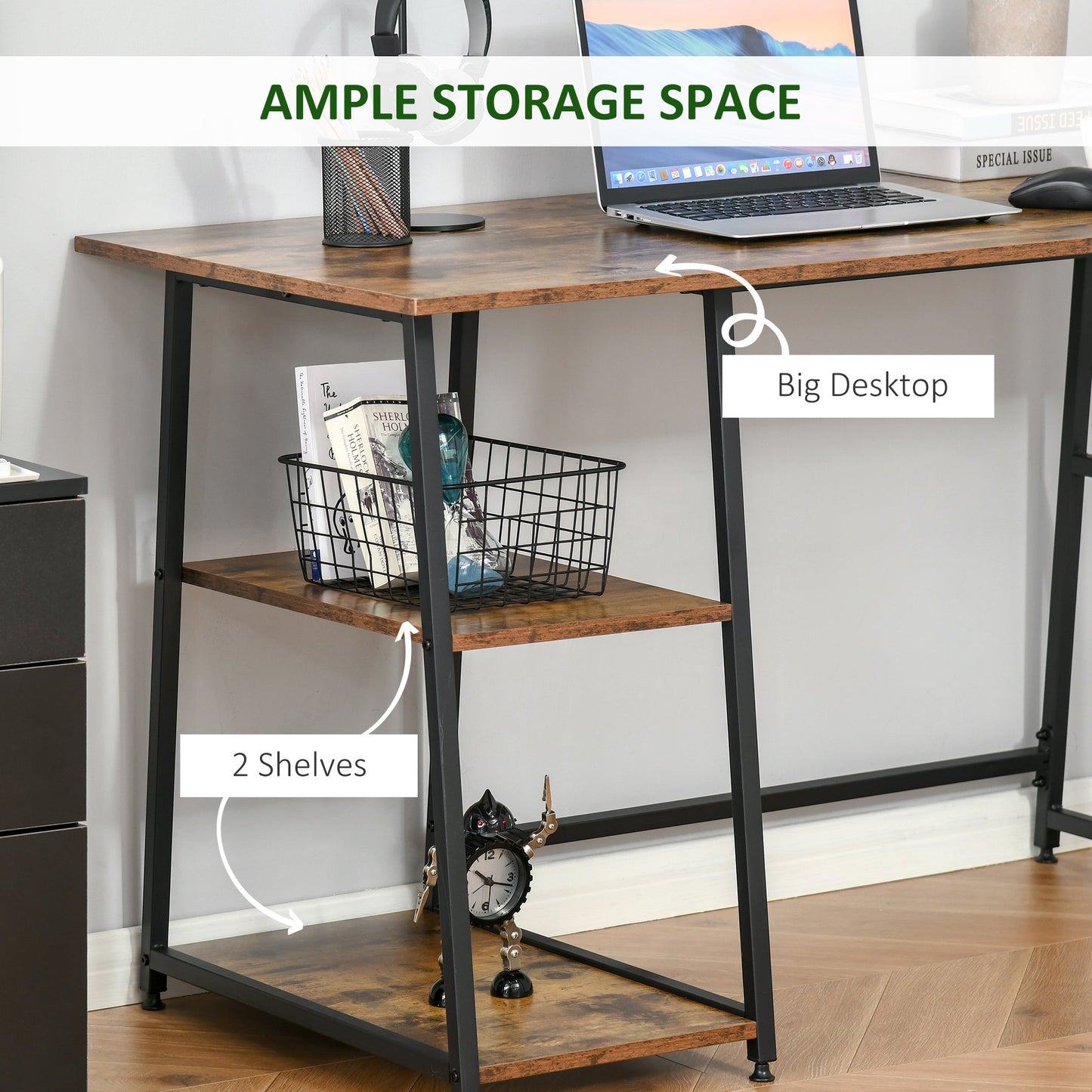 Office Desk Working Station Home Office Table with 2 Shelves Computer Gaming Desk Steel Frame Black and Rustic Brown-3