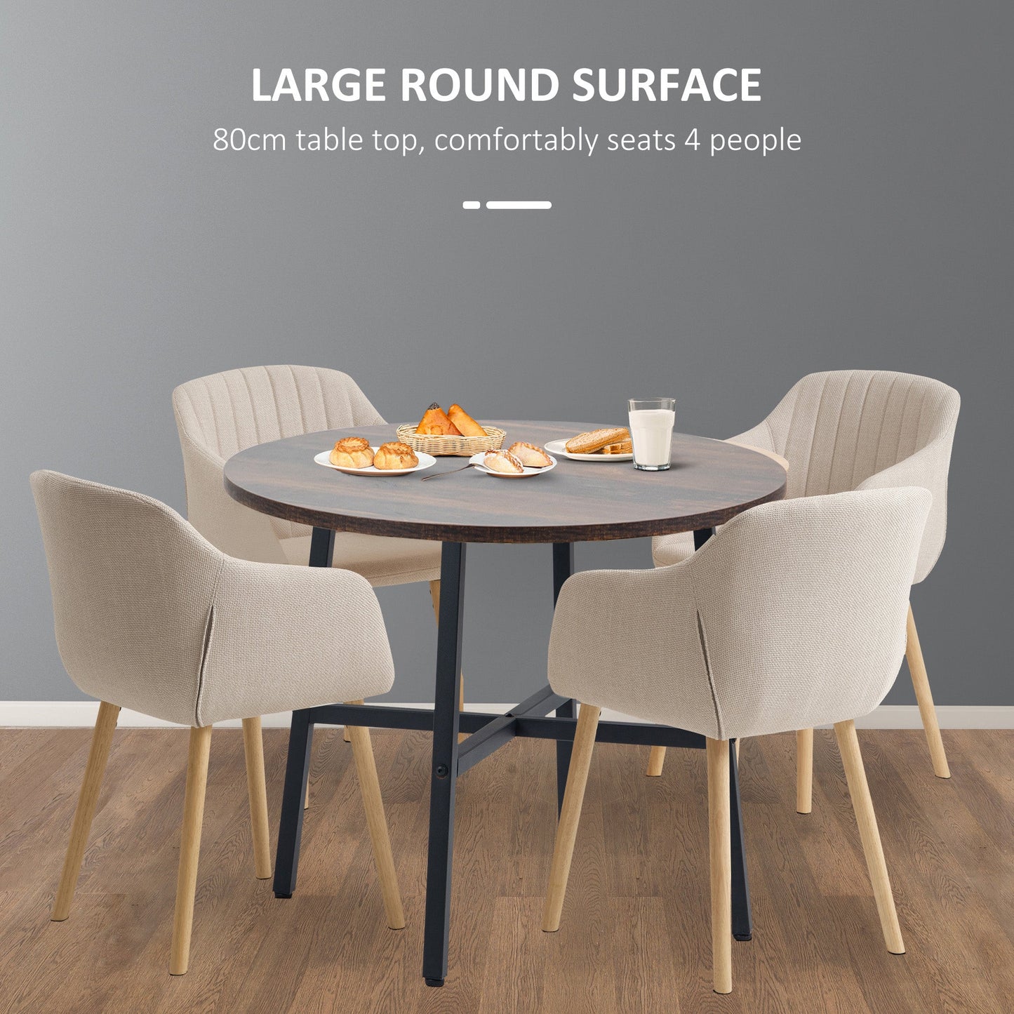 85cm Dining Room Table, Industrial Style Kitchen Table Round with Steel Legs, Rustic Brown-4