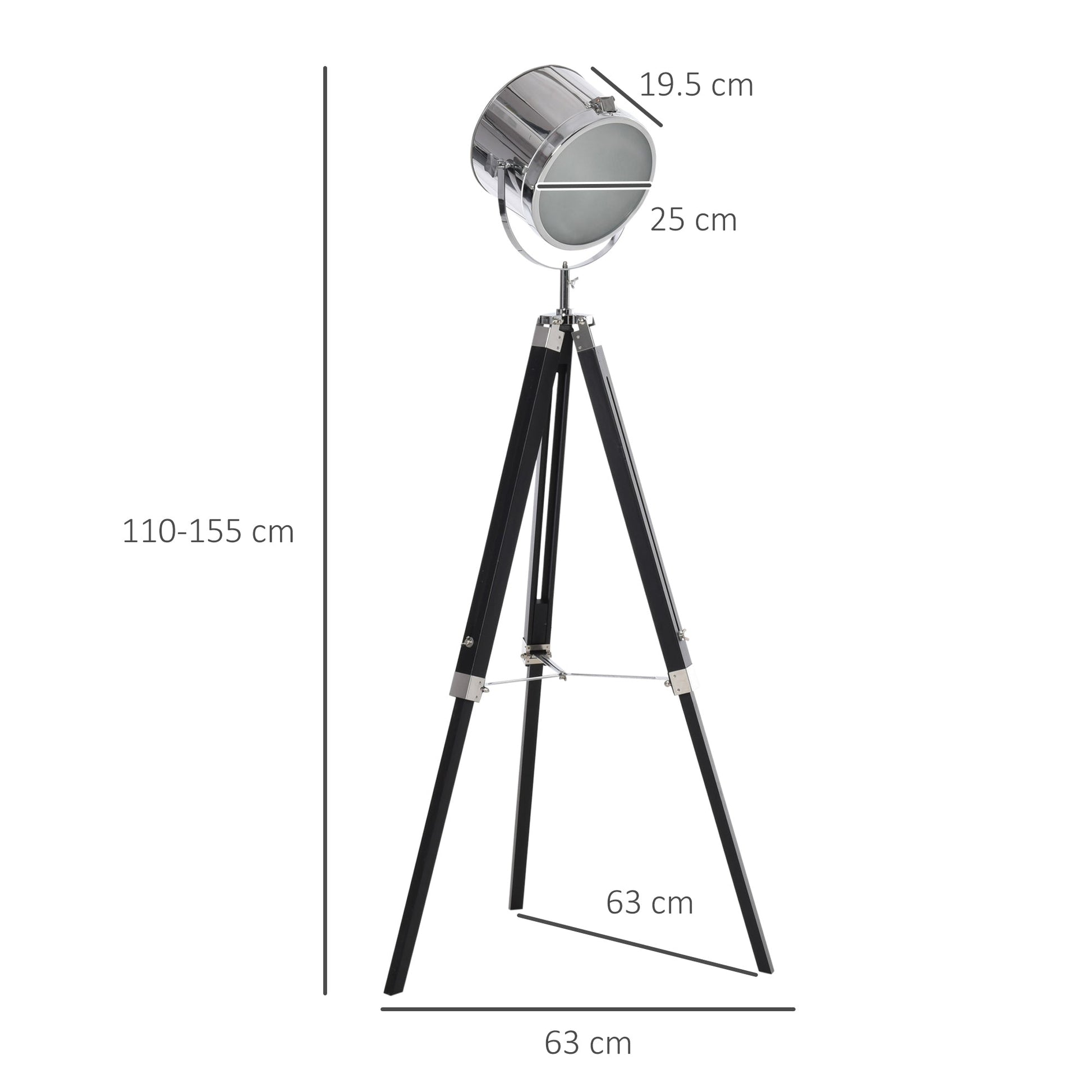 Industrial Style Adjustable Tripod Floor Lamp, Searchlight Lamp with Wooden Legs and Steel Lampshade, 110-155cm, Black-2