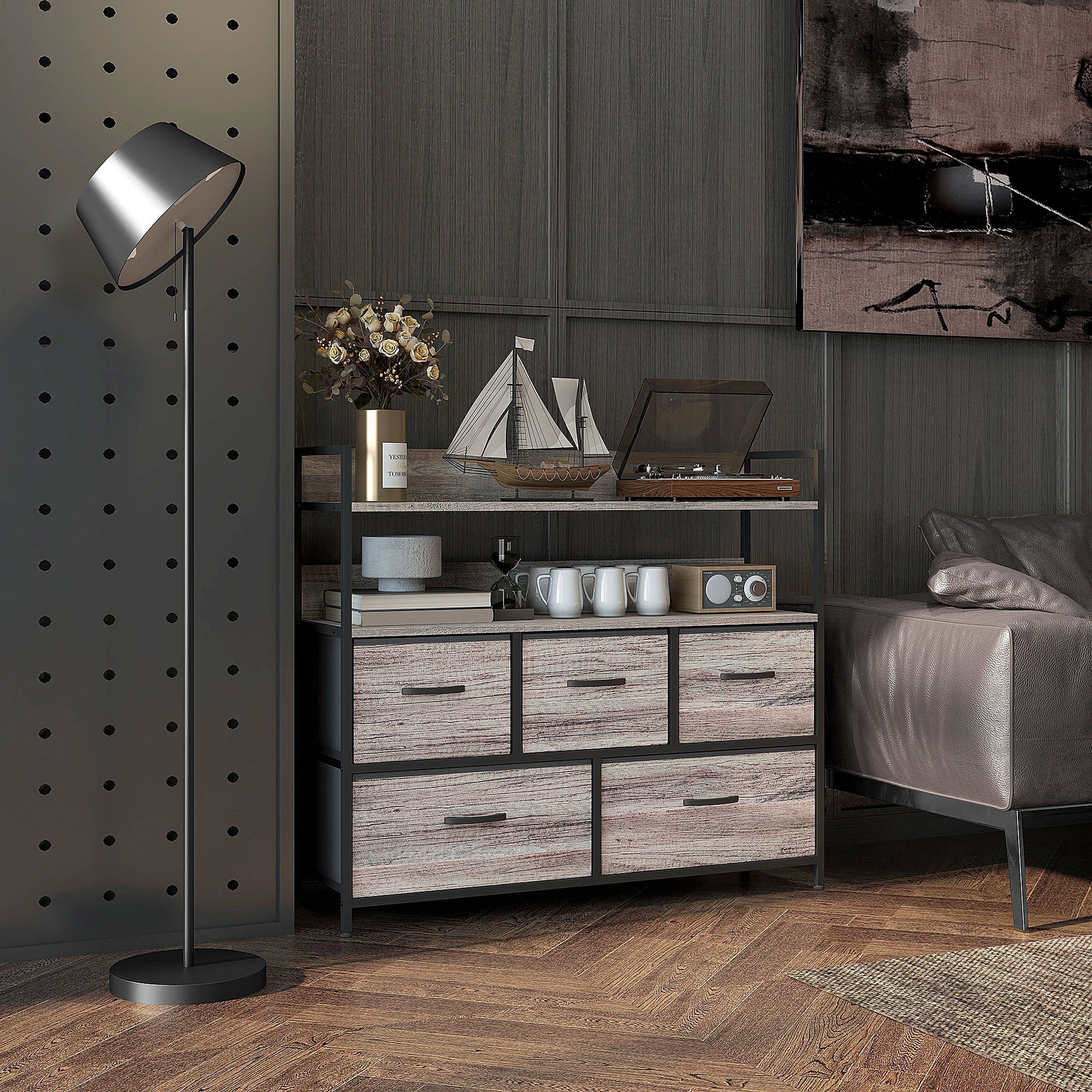 Rustic Chest of Five Fabric Drawers - Grey Wood Effect-1