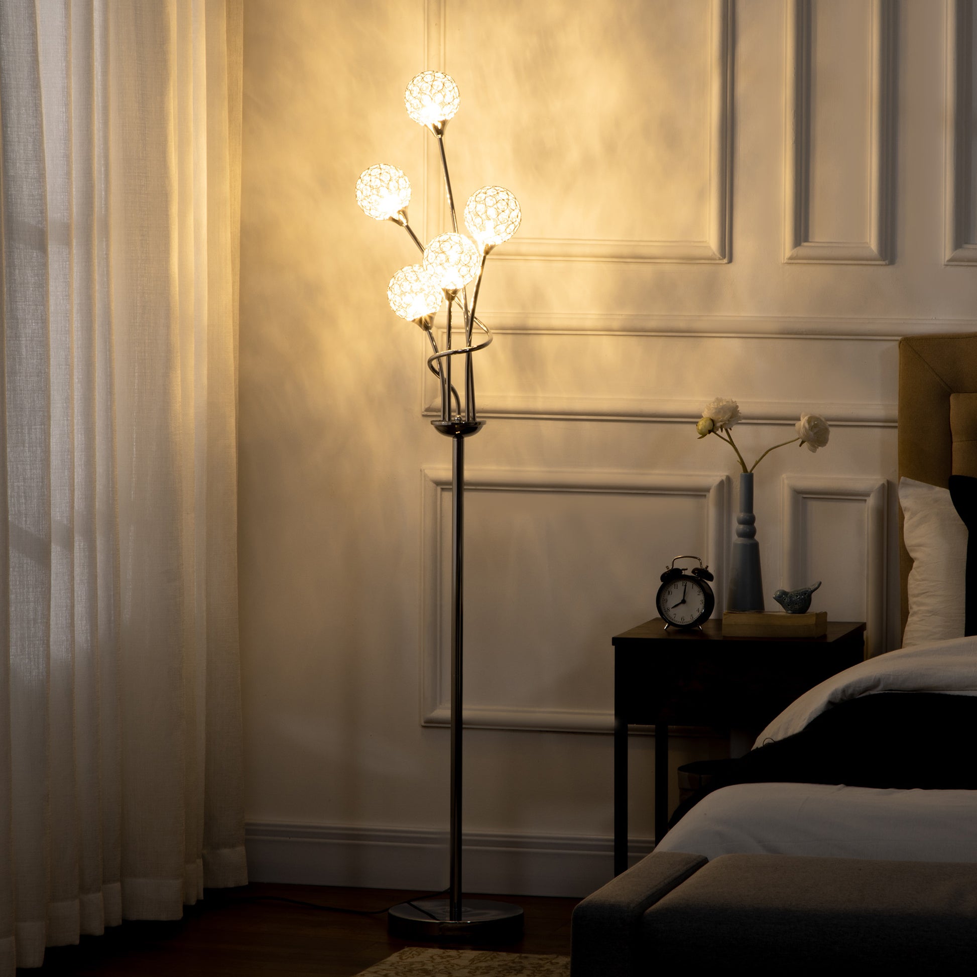 Crystal Floor Standing Lamp with 5-Light , Floor Lights for Living Room & Bedroom, Modern Silver Design, Silver | HOMCOM-8