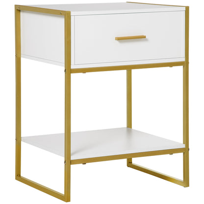 Modern Bedside Table, Bedside Cabinet with Drawer Shelf, Storage Organizer for Bedroom, Living Room, White and Gold-0