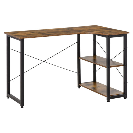L-Shaped Computer Desk Home Office Corner Desk Study Workstation Table with 2 Shelves, Steel Frame, Rustic Brown-0