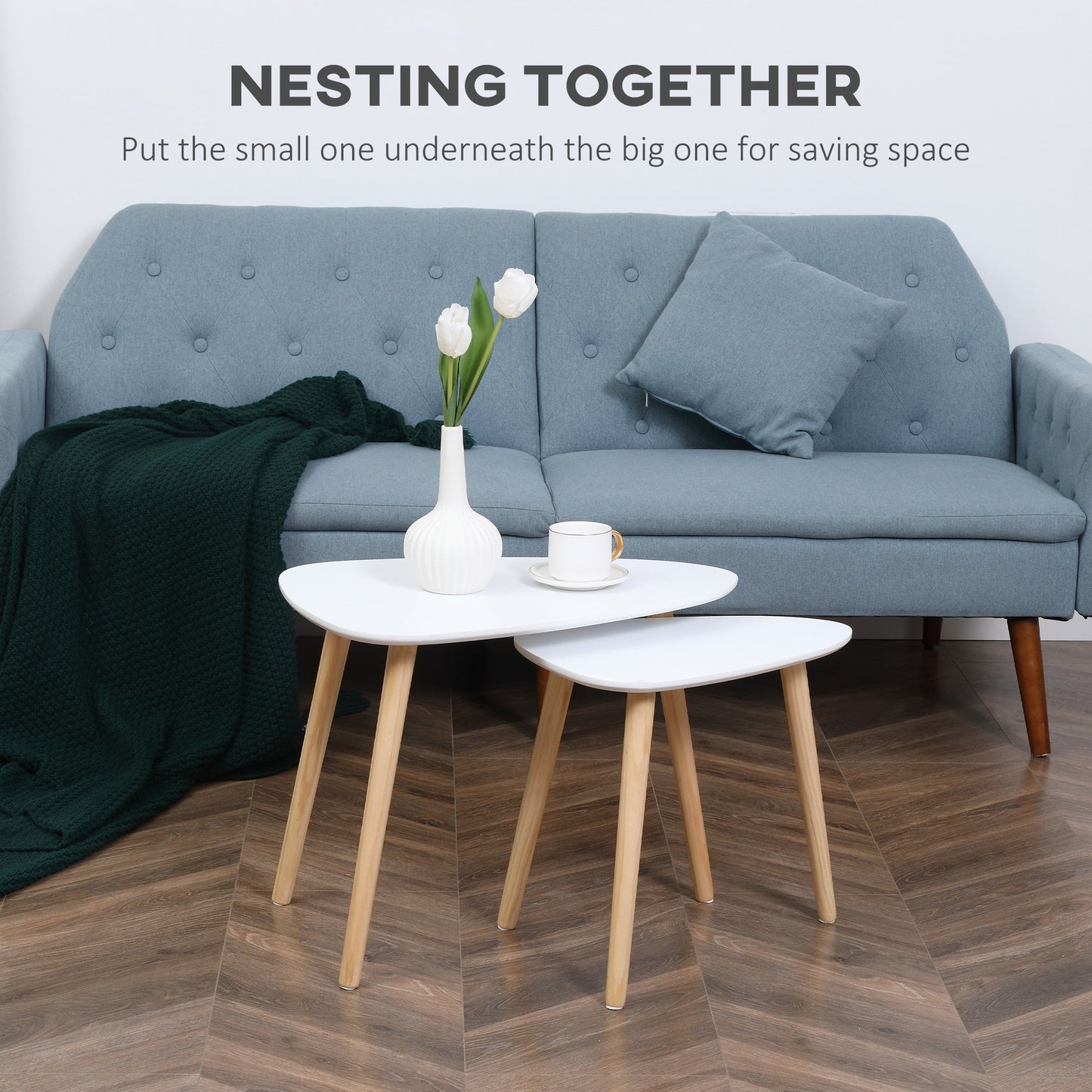 Modern Side Table Set of 2, Triangular Nest of Tables, End Table with Solid Wood Legs, for Living Room Bedroom, White-3