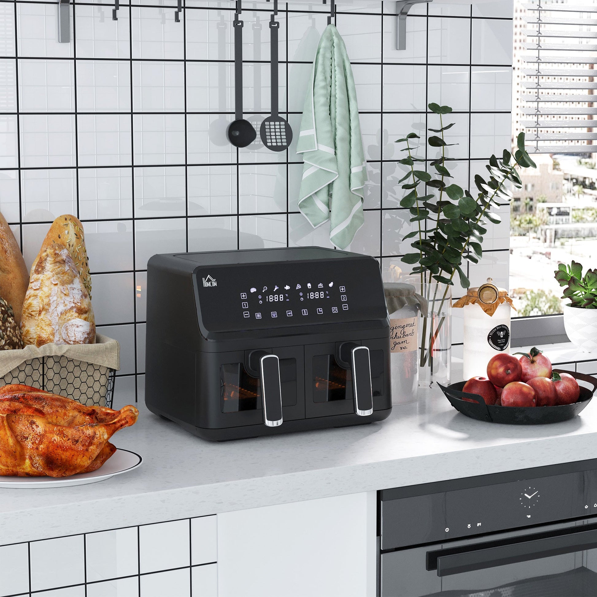 Family Air Fryer , 8L Double Air Fryer Oven w/ 8 Presets, Digital Display, Recipe Cookbook, 60min Timer for Oil Free & Low Fat, 2500W, Black-1