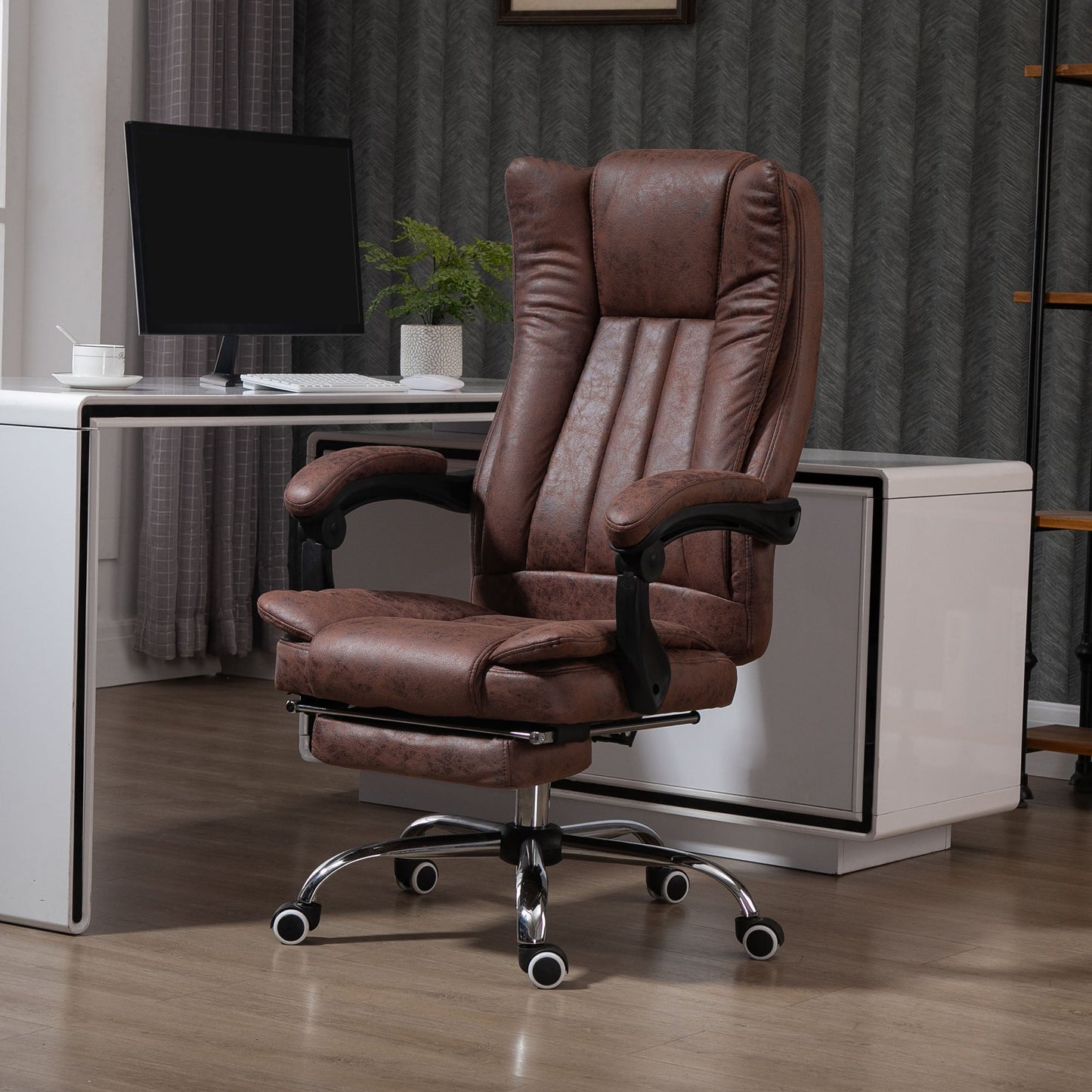 Home Office Chair Microfibre Desk Chair with Reclining Function Armrests Swivel Wheels Footrest Brown-1