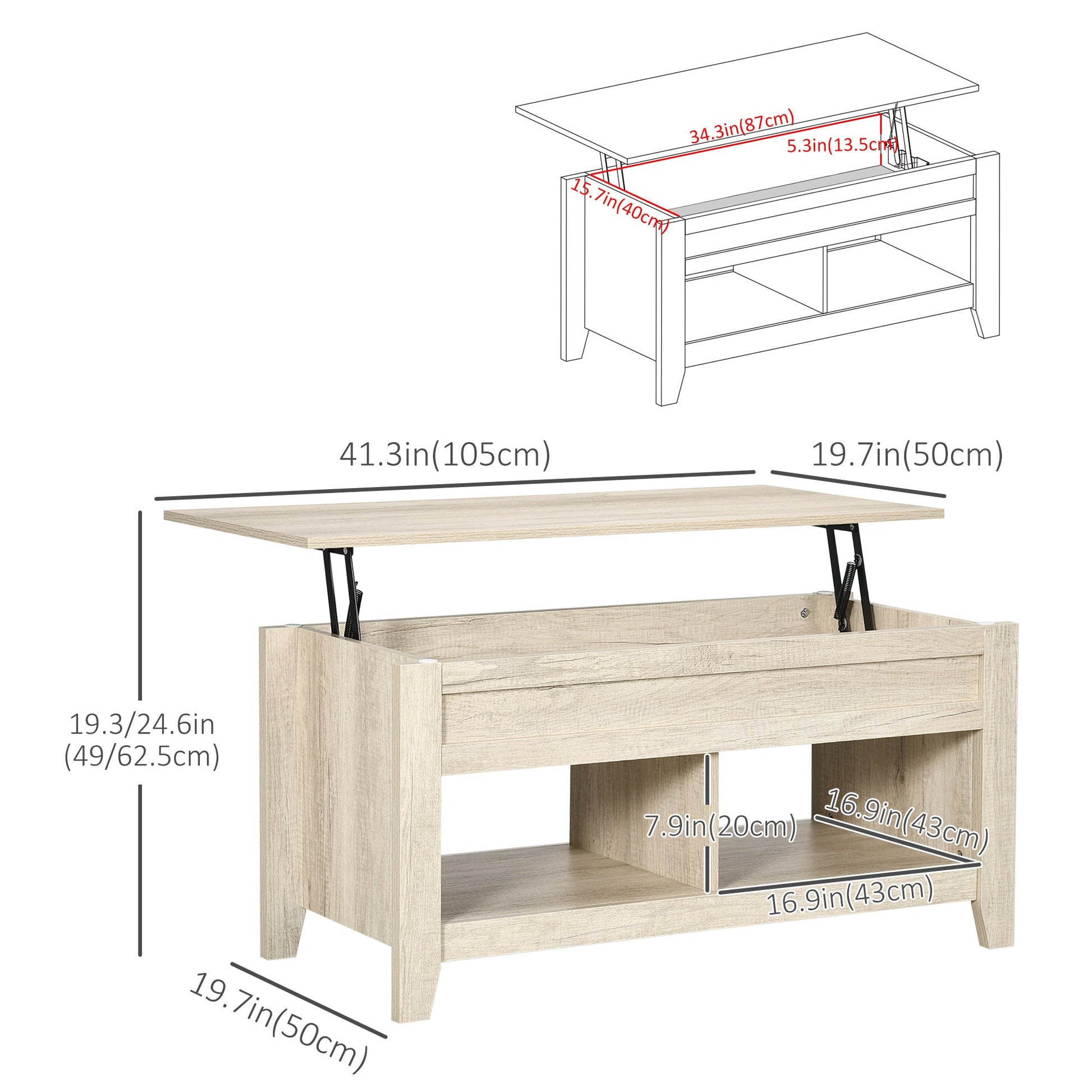 Lift Top Coffee Table w/ Hidden Storage Compartment Open Shelves Lift Tabletop Pop Up Centre Table for Living Room Oak Effect-4