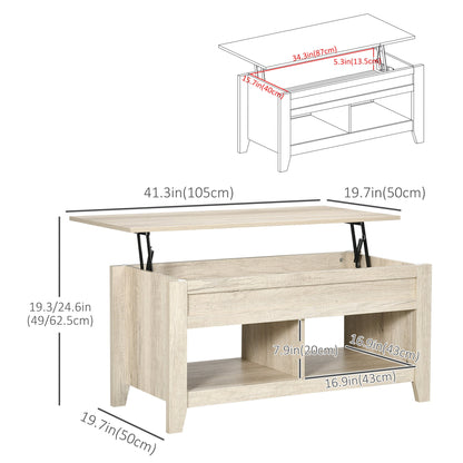 Lift Top Coffee Table w/ Hidden Storage Compartment Open Shelves Lift Tabletop Pop Up Centre Table for Living Room Oak Effect-4
