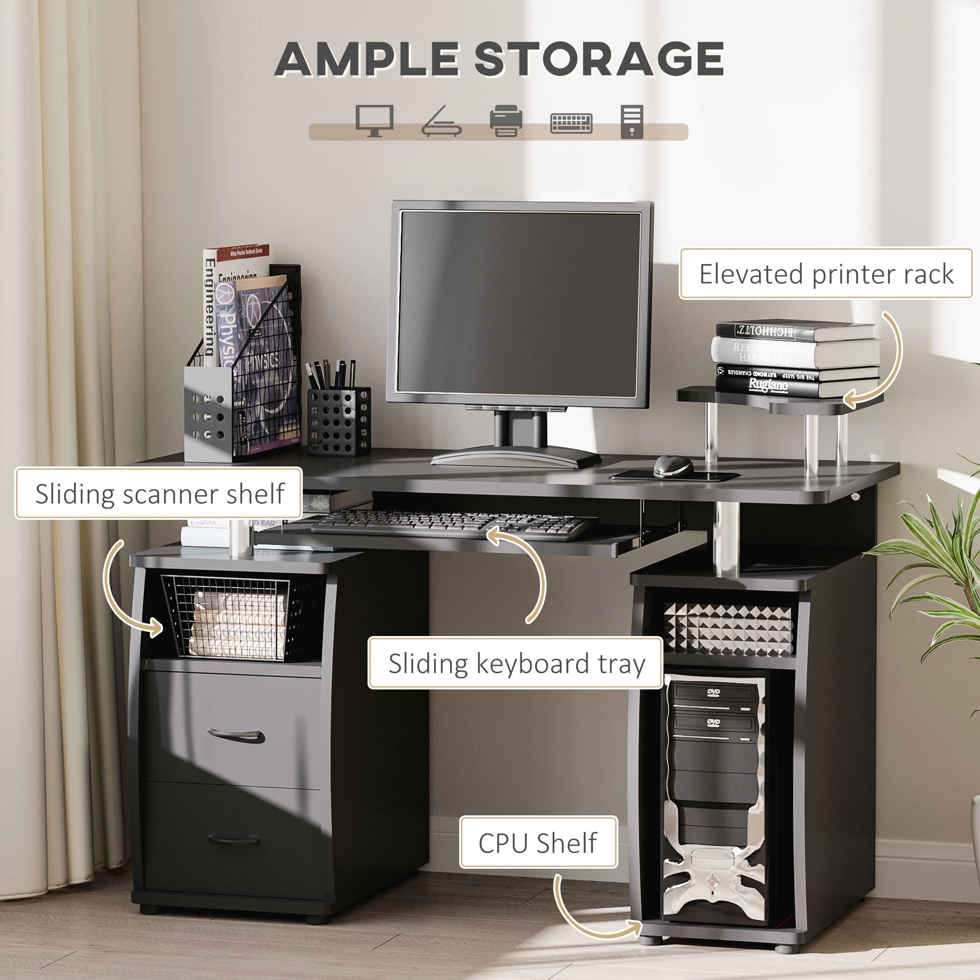 Computer Desk Office PC Table Workstation with Keyboard Tray, CPU Shelf, Drawers, Sliding Scanner Shelf, Black-3