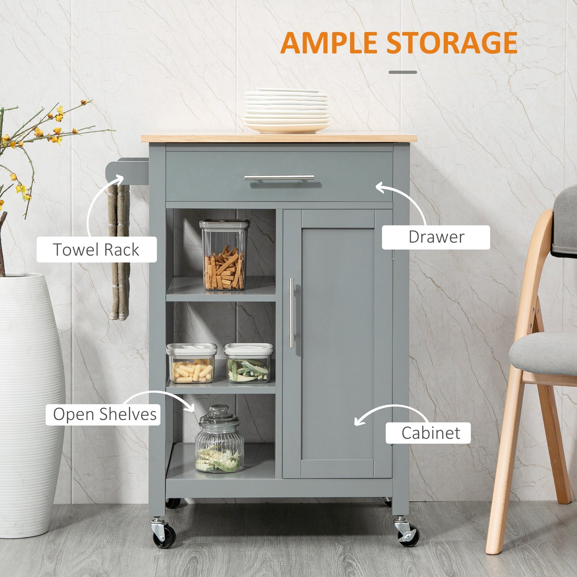 Compact Kitchen Trolley Utility Cart on Wheels with Open Shelf & Storage Drawer for Dining Room, Kitchen, Grey-3