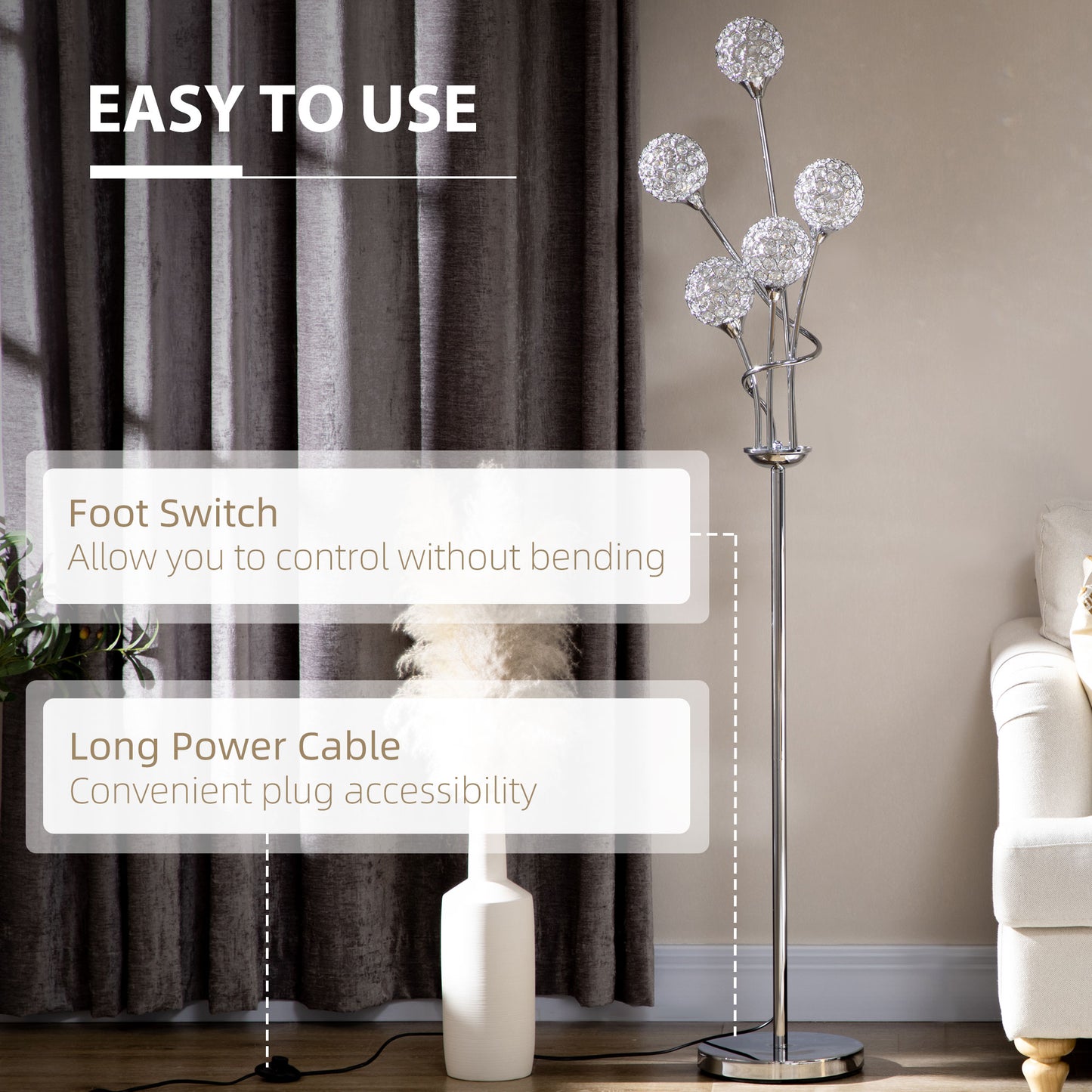 Crystal Floor Standing Lamp with 5-Light , Floor Lights for Living Room & Bedroom, Modern Silver Design, Silver | HOMCOM-2
