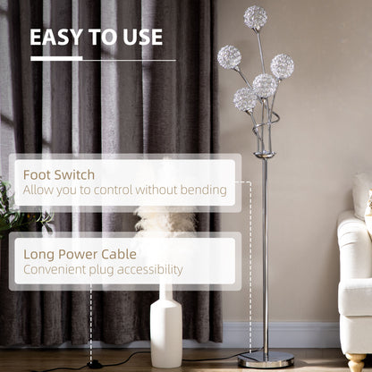 Crystal Floor Standing Lamp with 5-Light , Floor Lights for Living Room & Bedroom, Modern Silver Design, Silver | HOMCOM-2