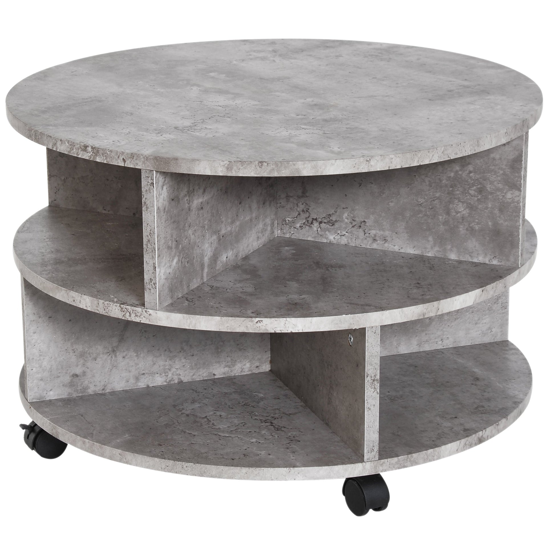 2 Tier Round Side End Table Coffee Desk with Divided Shelves Tea Table Storage Unit Living Room Organiser with Wheels - Cement colour-0