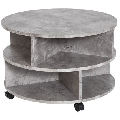 2 Tier Round Side End Table Coffee Desk with Divided Shelves Tea Table Storage Unit Living Room Organiser with Wheels - Cement colour-0