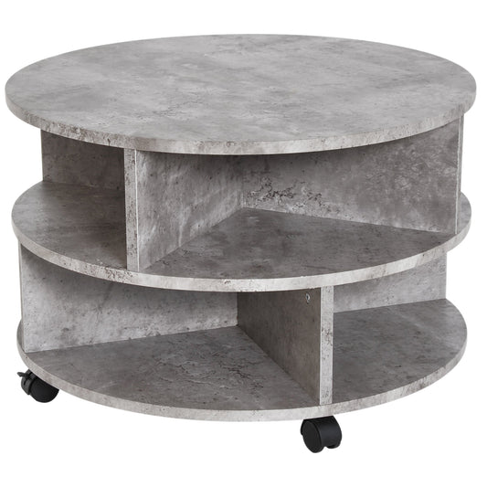 2 Tier Round Side End Table Coffee Desk with Divided Shelves Tea Table Storage Unit Living Room Organiser with Wheels - Cement colour-0