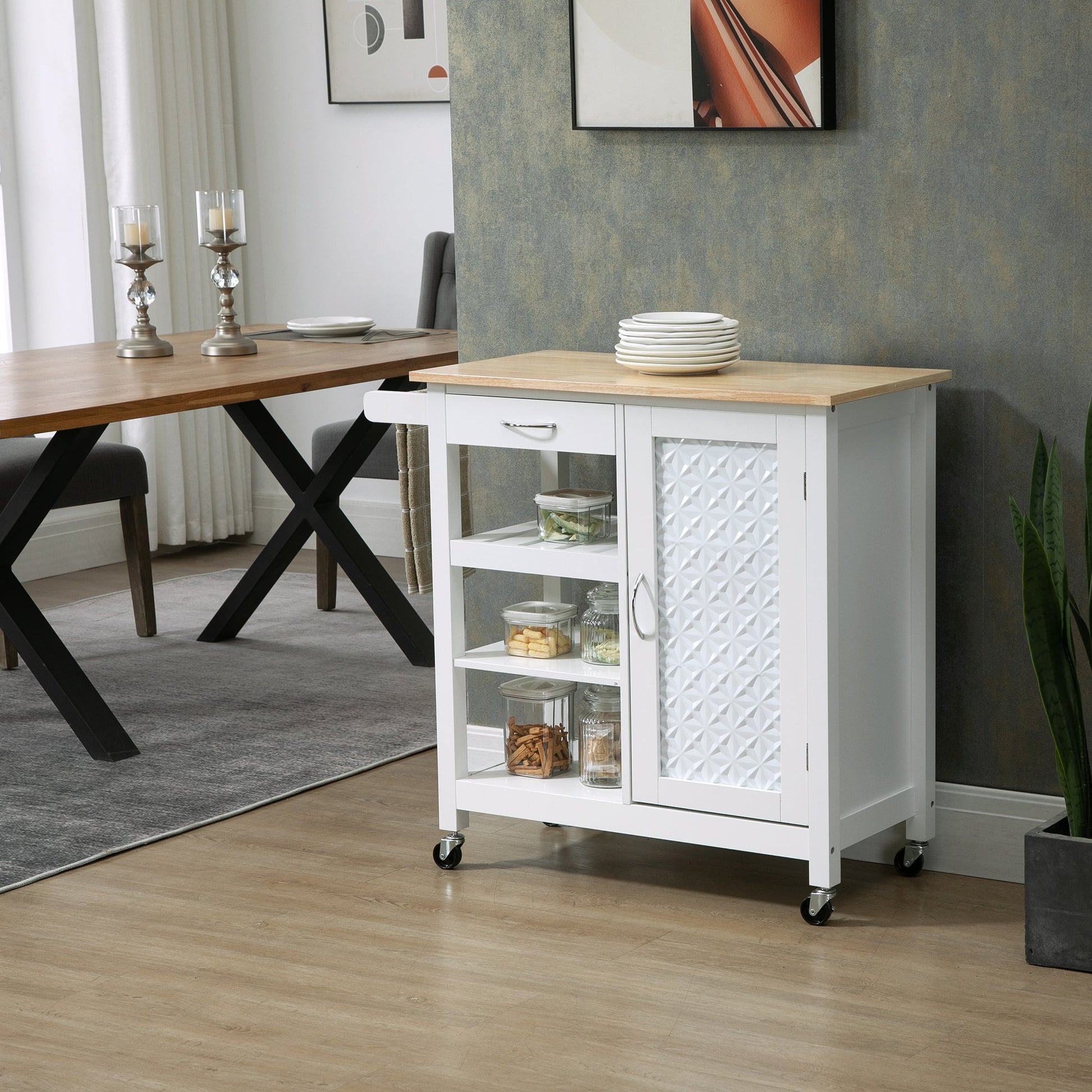 Kitchen Cart on Wheels with Embossed Door Panel, Utility Kitchen Island with Storage Drawer, White-1