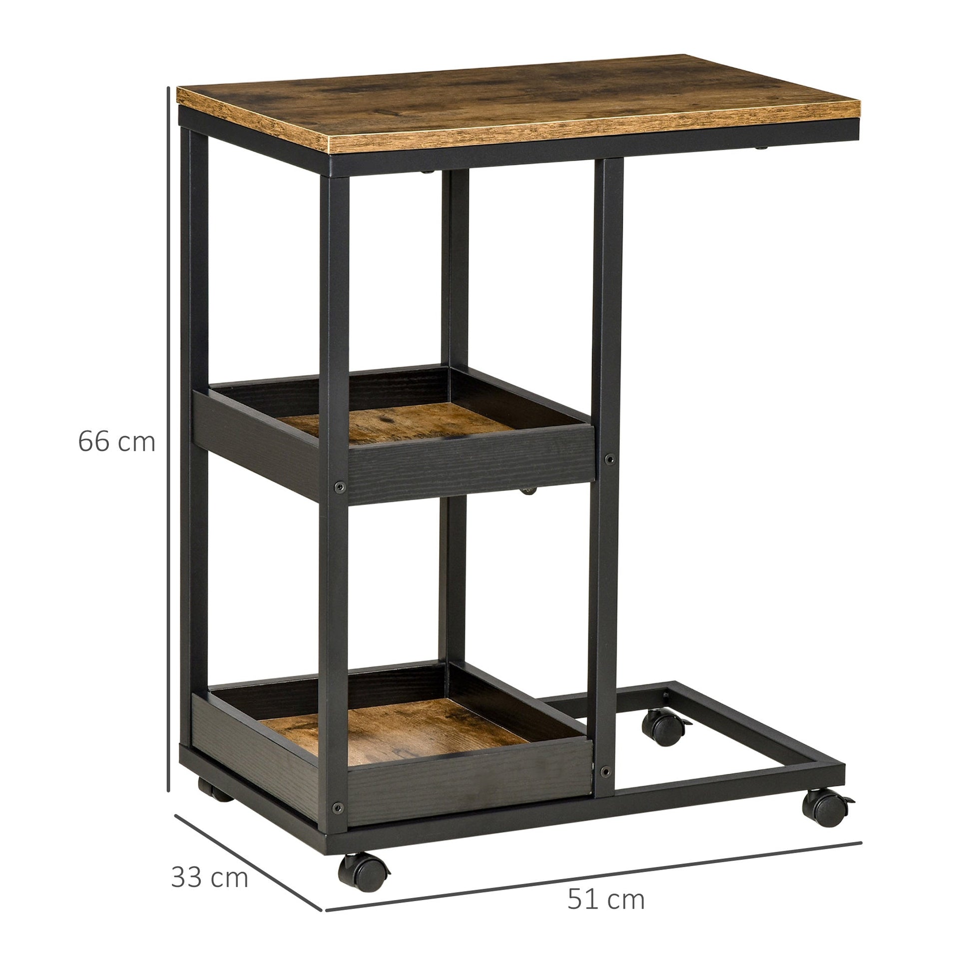 Mobile Sofa Side Table C-Shaped Rolling Couch Table with 3-Tier Storage Shelving Four Lockable Wheels Steel Frame - Brown-2