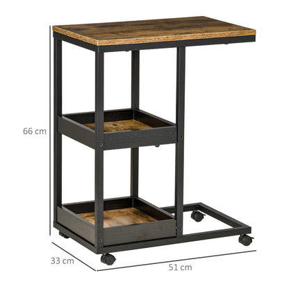 Mobile Sofa Side Table C-Shaped Rolling Couch Table with 3-Tier Storage Shelving Four Lockable Wheels Steel Frame - Brown-2
