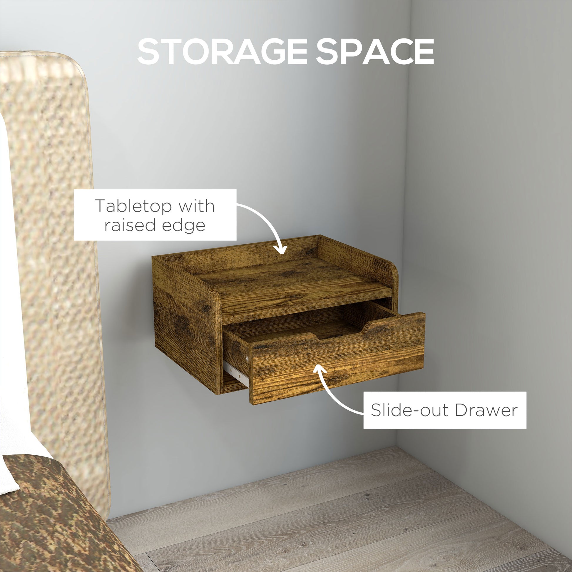 HOMCOM Floating Nightstand Set of 2 Wall Mounted Bedside Table with Storage Drawer for Bedroom in Rustic Brown-4
