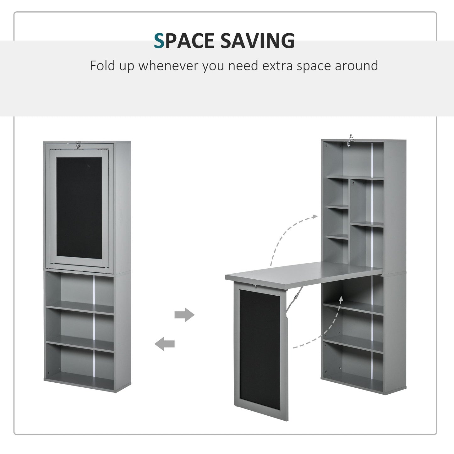 Folding Convertible Desk with Blackboard Multi-function Computer Office Workstation Side Shelf for Home Office, Grey-3
