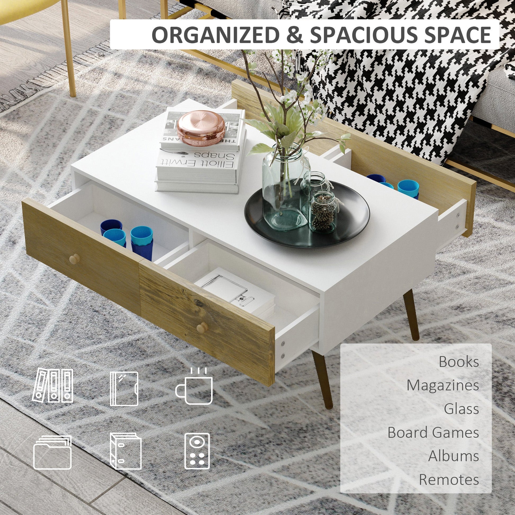 Coffee Table for Living Room, Office, Study Room, Reception Room, w/ 4 Storage Drawers, Sofa Table, Graceful Functional Table, Natural Wood-3