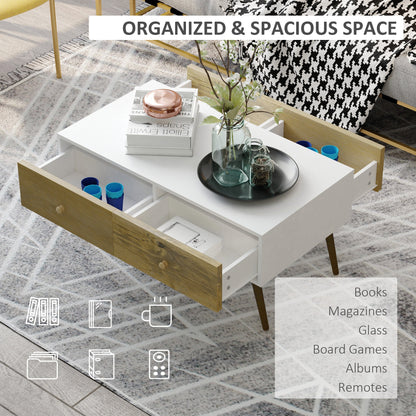 Coffee Table for Living Room, Office, Study Room, Reception Room, w/ 4 Storage Drawers, Sofa Table, Graceful Functional Table, Natural Wood-3