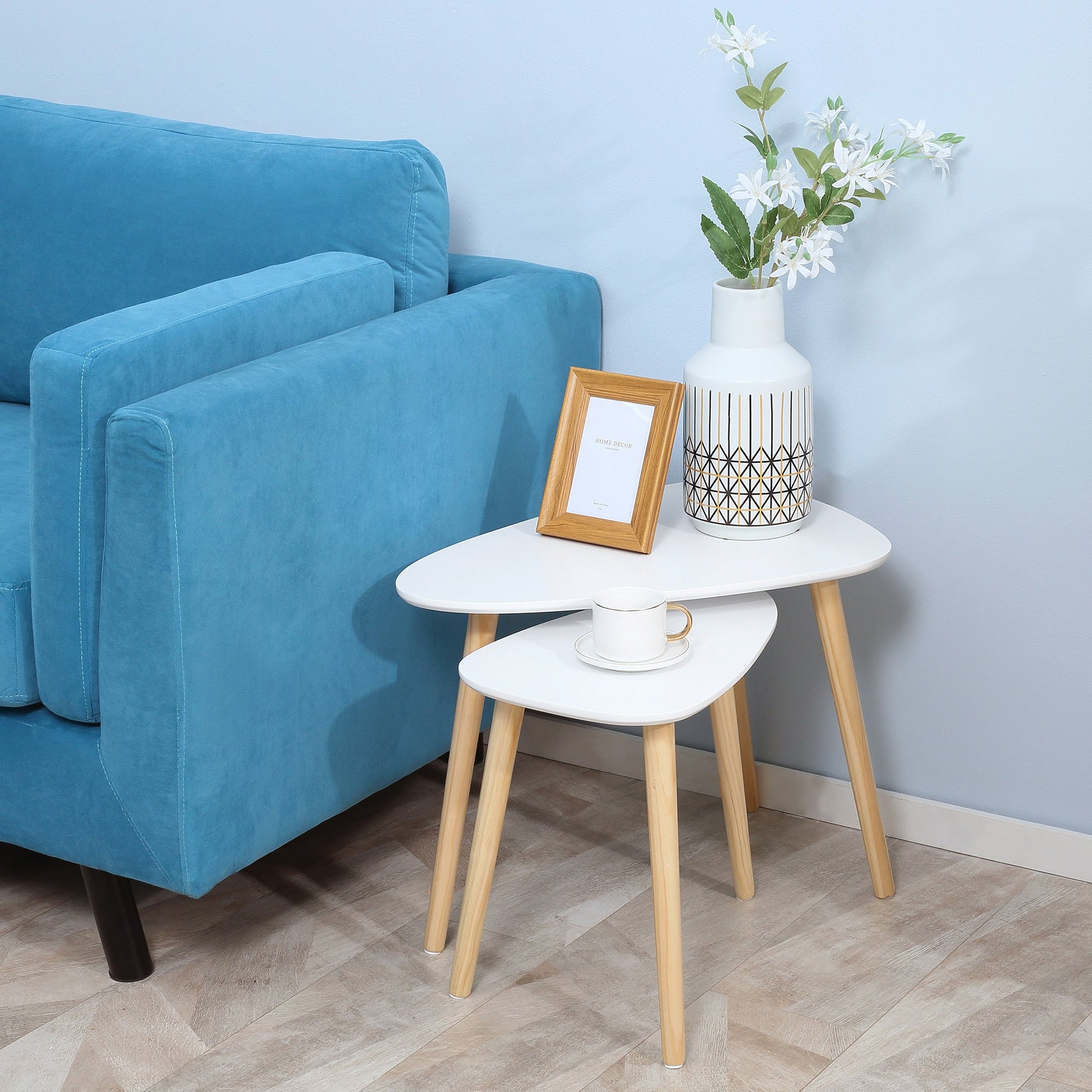 Modern Side Table Set of 2, Triangular Nest of Tables, End Table with Solid Wood Legs, for Living Room Bedroom, White-1