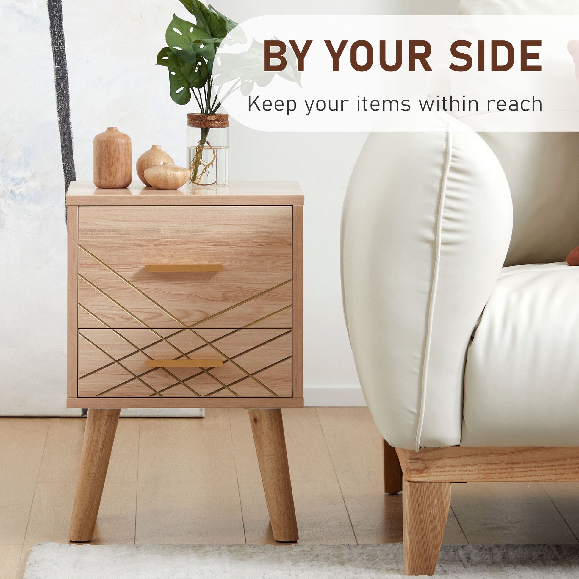 Bedside Cabinet, Scandinavian Bedside Table with Drawers, Bed Side Table with Wood Legs, Natural-3