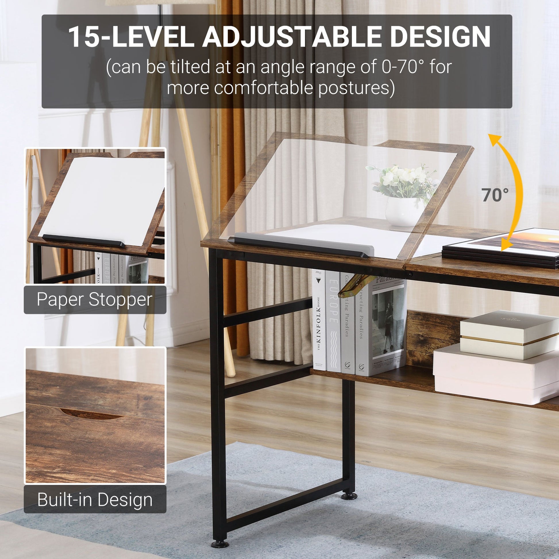 Adjustable Drafting Table Art Desk Drawing Table, Craft Desk Workstation for Painting, Multifunctional Writing Desk w/ 15-Level Tabletop-3
