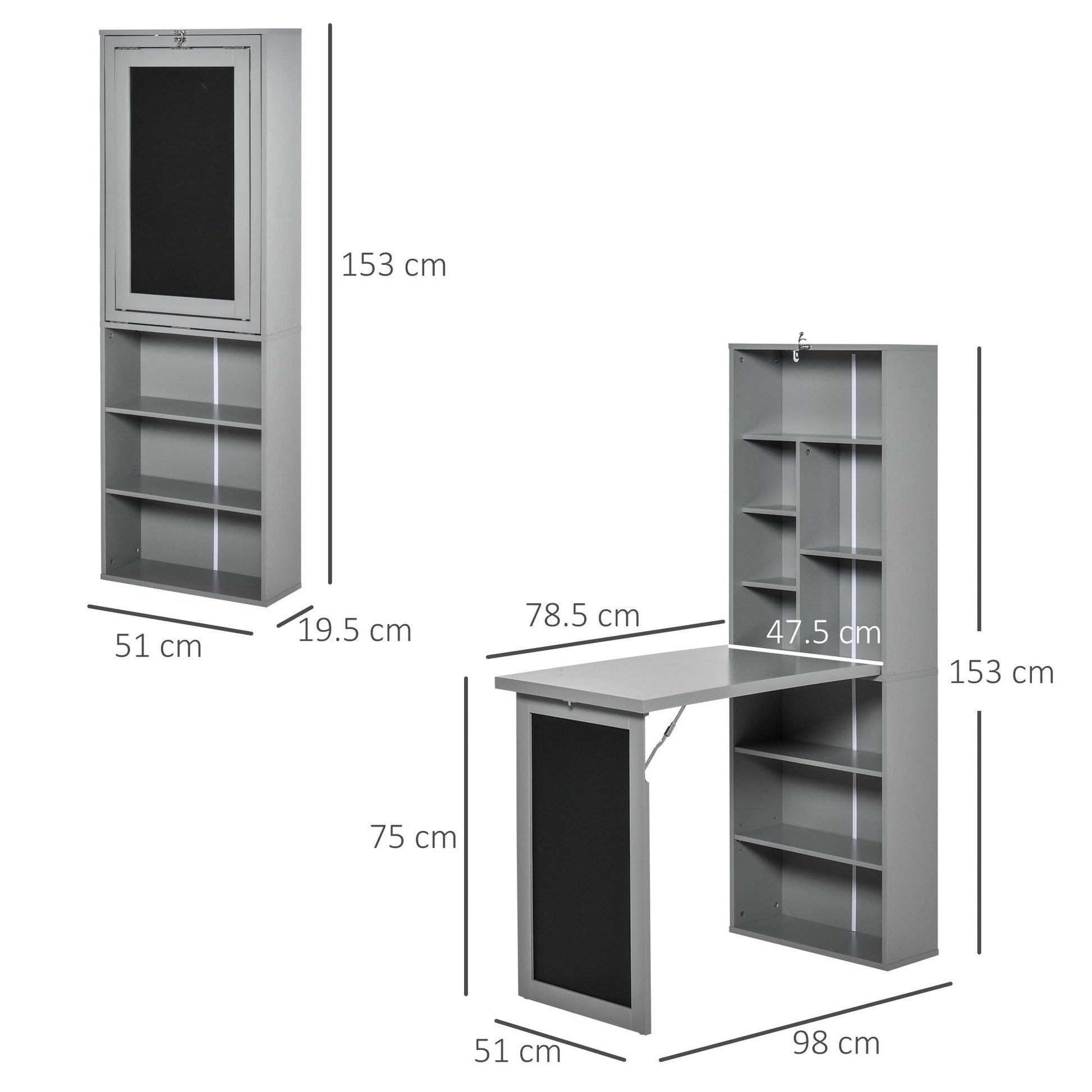 Folding Convertible Desk with Blackboard Multi-function Computer Office Workstation Side Shelf for Home Office, Grey-2