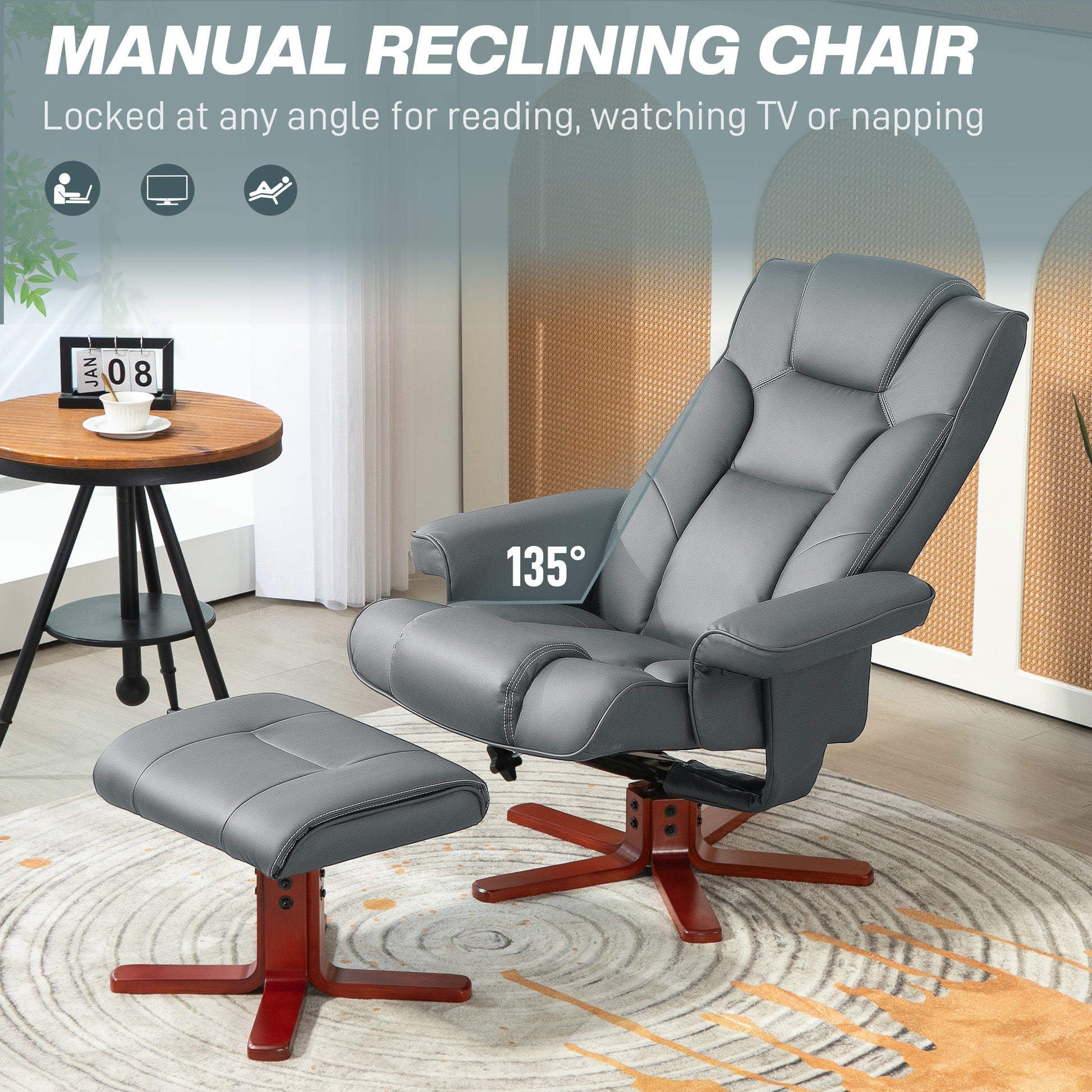 HOMCOM Faux Leather Manual Recliner and Footstool Set in Grey-2