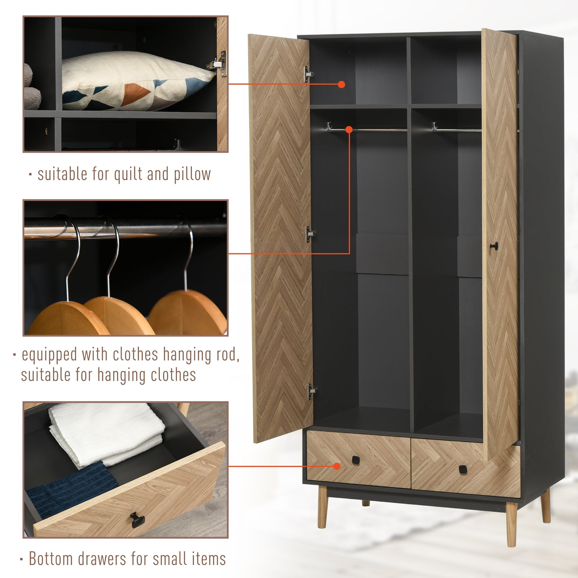 Modern Wardrobe Cabinet Wood Grain Sticker Surface with Shelf, Hanging Rod and 2 Drawers 90x50x190cm-4