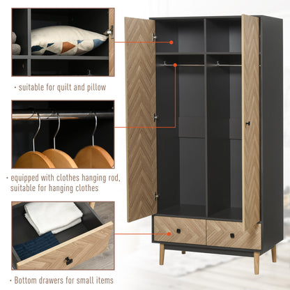 Modern Wardrobe Cabinet Wood Grain Sticker Surface with Shelf, Hanging Rod and 2 Drawers 90x50x190cm-4