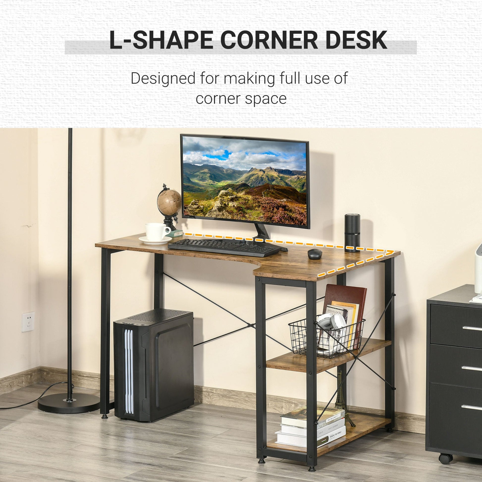 L-Shaped Computer Desk Home Office Corner Desk Study Workstation Table with 2 Shelves, Steel Frame, Rustic Brown-3