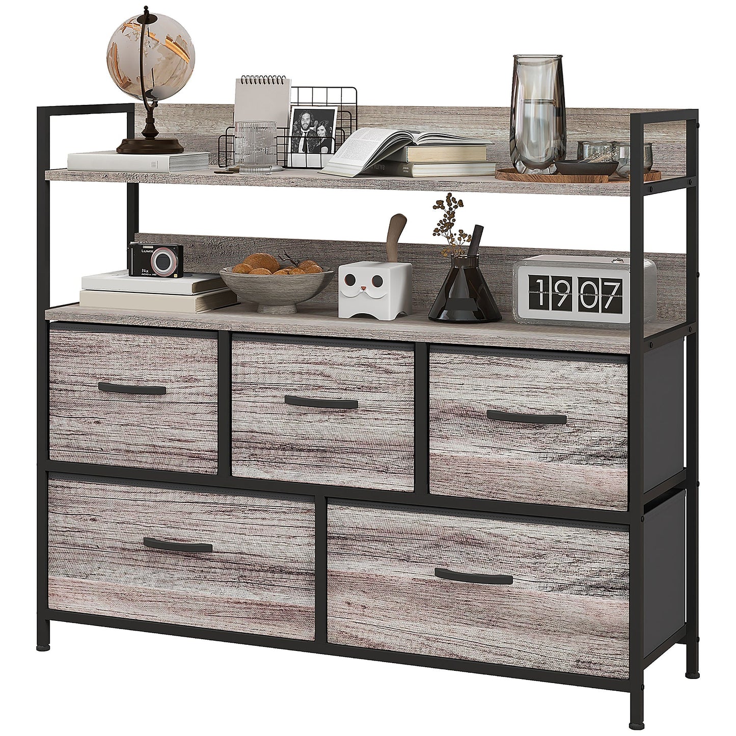 Rustic Chest of Five Fabric Drawers - Grey Wood Effect-0
