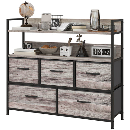 Rustic Chest of Five Fabric Drawers - Grey Wood Effect-0