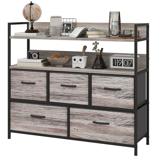 Rustic Chest of Five Fabric Drawers - Grey Wood Effect-0