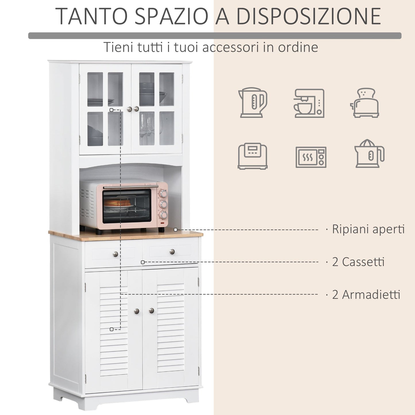 Modern Kitchen Cupboard, Louvered Kitchen Storage Cabinet with Framed Glass Doors and 2 Drawers, White-3