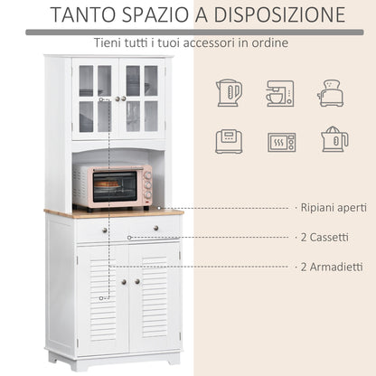 Modern Kitchen Cupboard, Louvered Kitchen Storage Cabinet with Framed Glass Doors and 2 Drawers, White-3