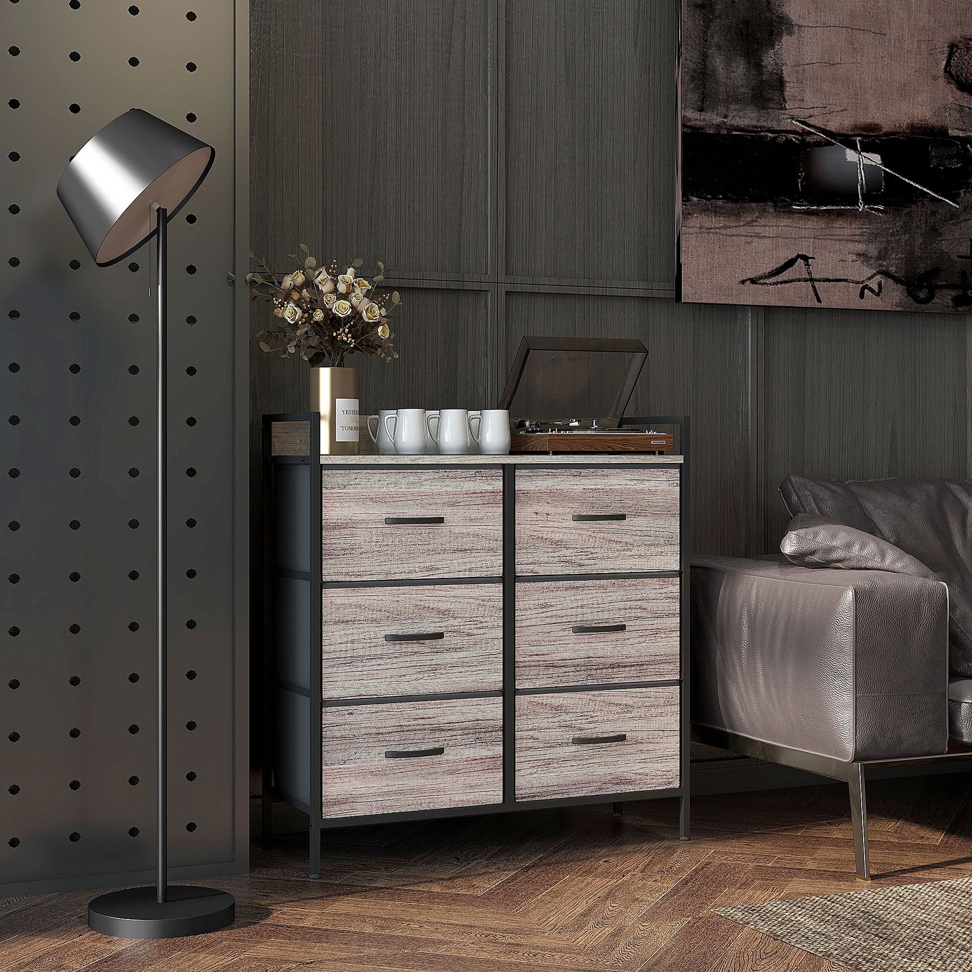 Rustic Chest of Six Fabric Drawers - Grey Wood Effect-1