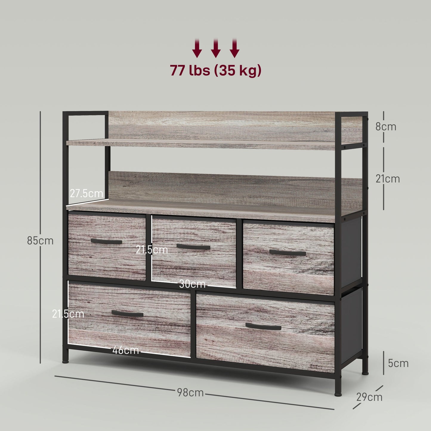 Rustic Chest of Five Fabric Drawers - Grey Wood Effect-2