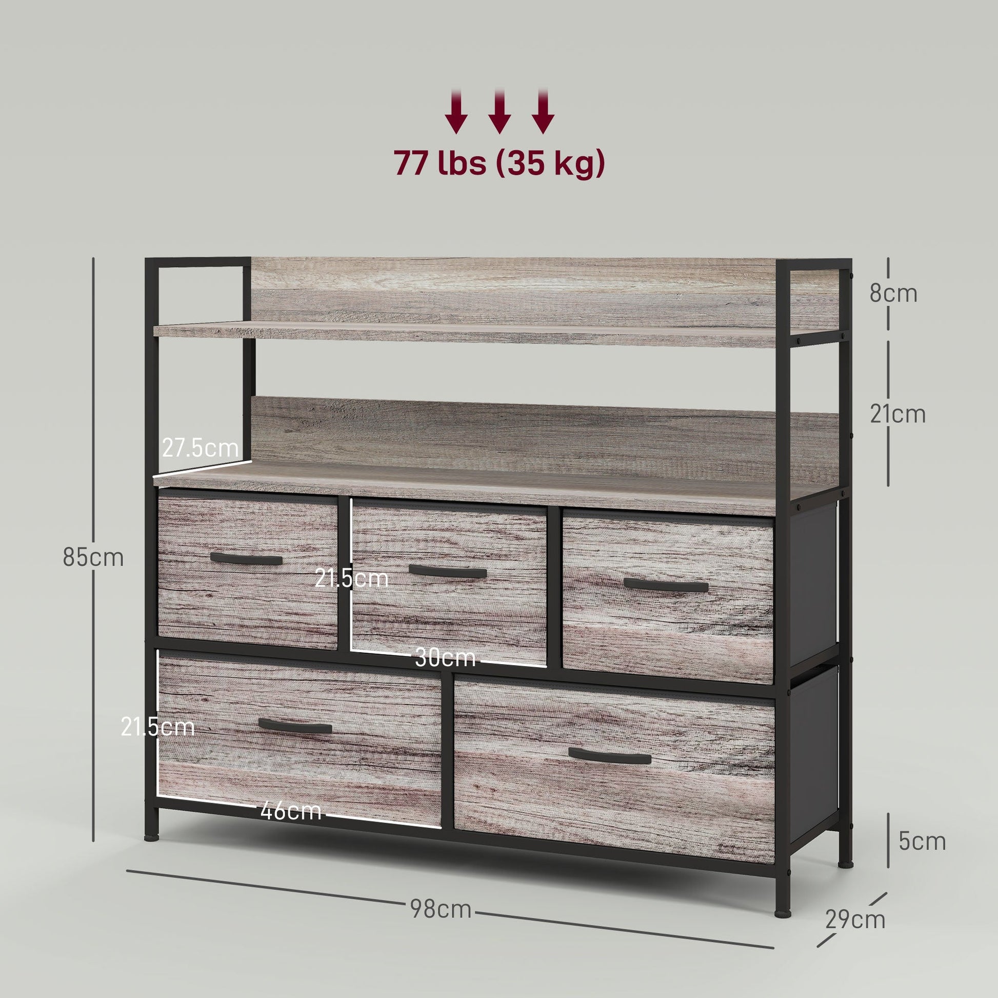 Rustic Chest of Five Fabric Drawers - Grey Wood Effect-2