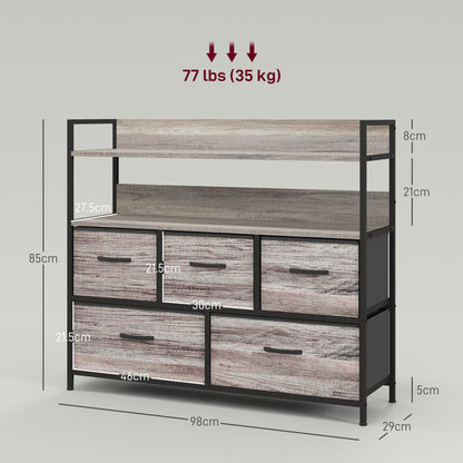 Rustic Chest of Five Fabric Drawers - Grey Wood Effect-2