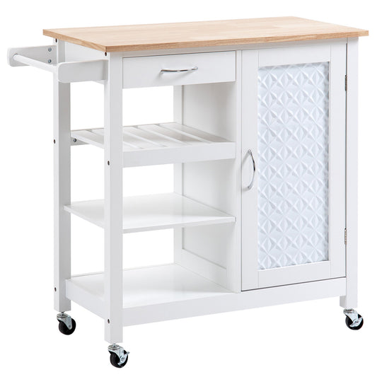 Kitchen Cart on Wheels with Embossed Door Panel, Utility Kitchen Island with Storage Drawer, White-0