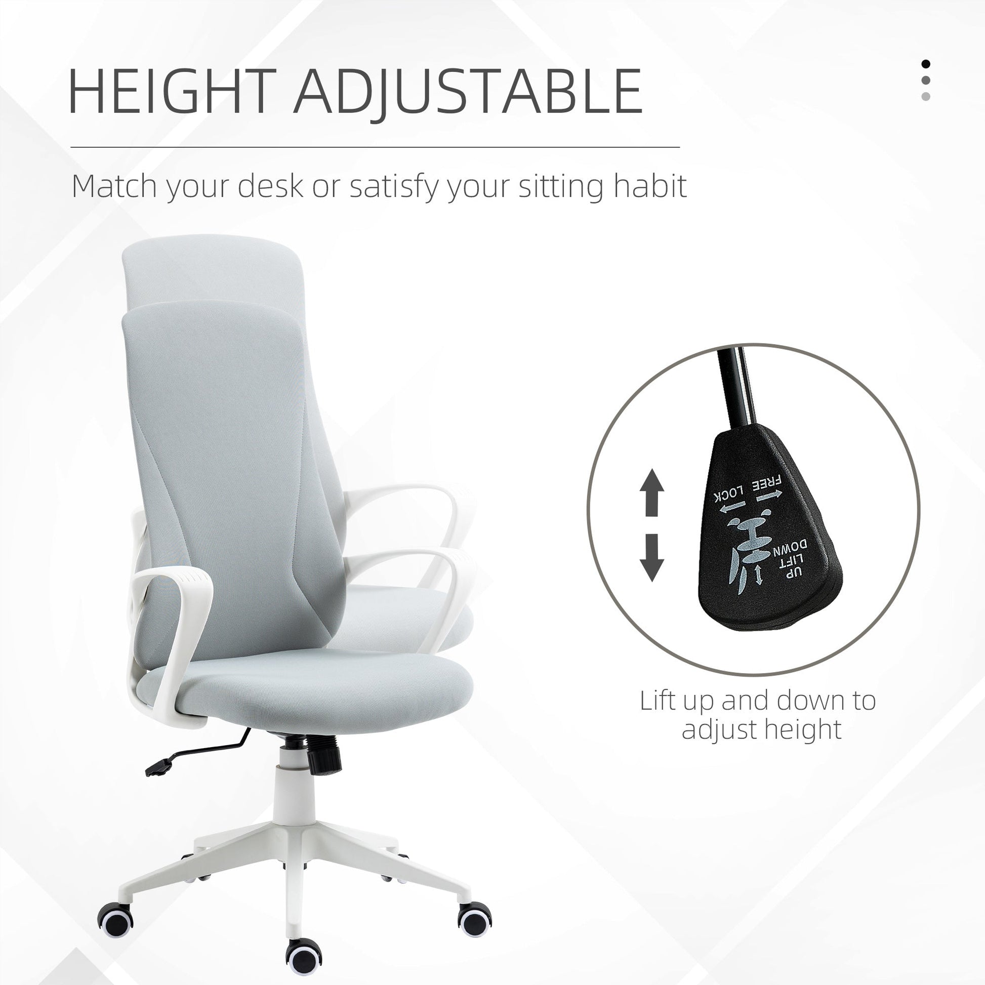 High-Back Office Chair, Elastic Desk Chair with Armrests, Tilt Function, Adjustable Seat Height, Light Grey-3